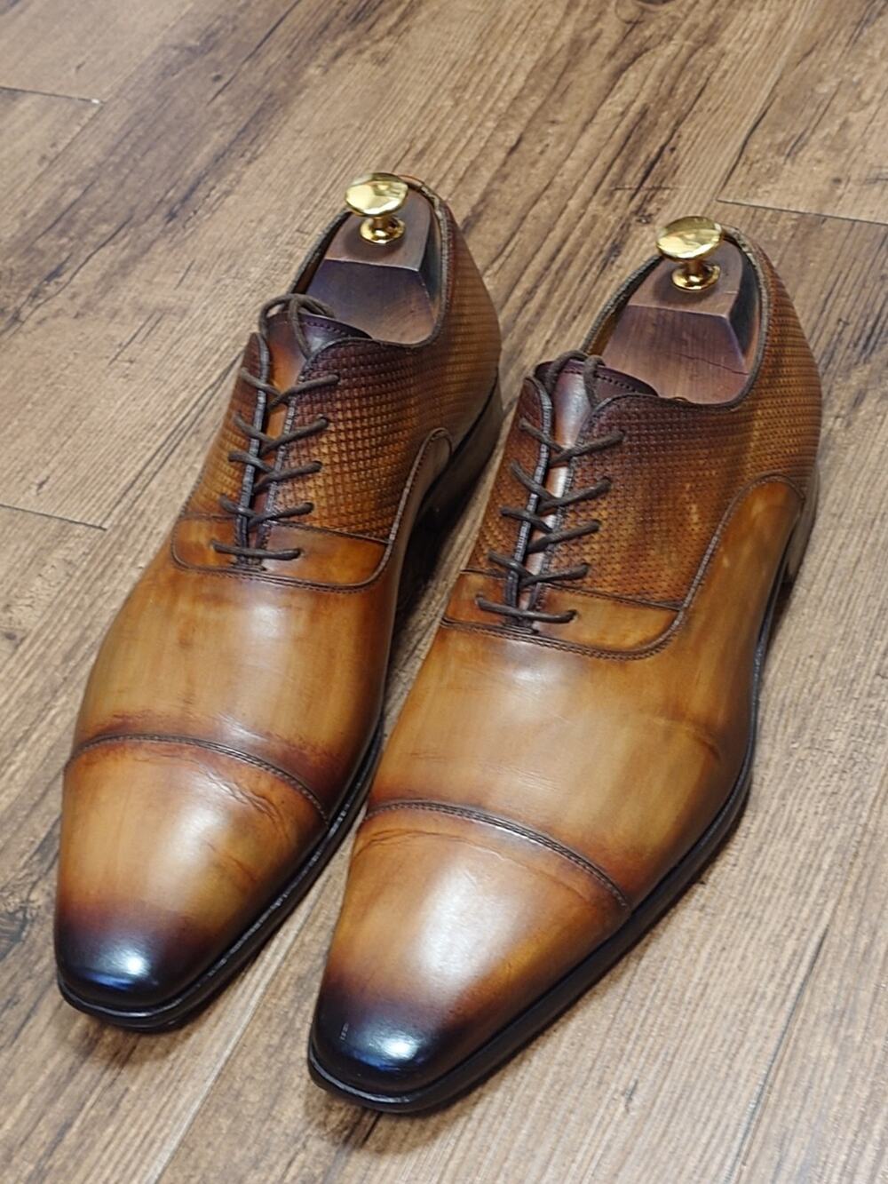Magnanni Men’s Captoe 11.5M Buckskin Brown Burnish Leather Oxford Dress Shoes